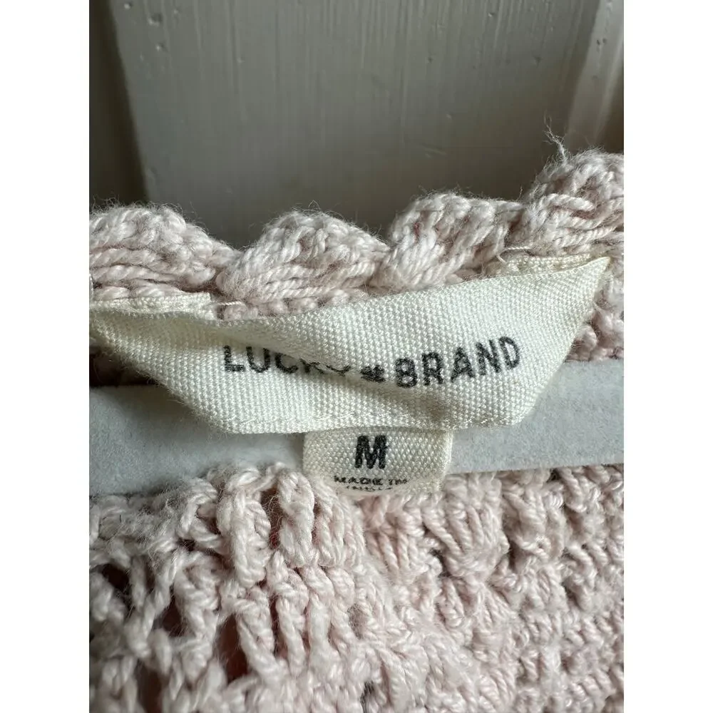 Lucky Brand Boho Crochet Tie-Front Cardigan Sweater Vest Pink Cotton Size M - Picture 9 of 9